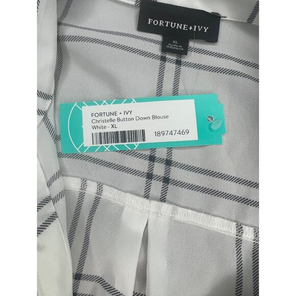 FORTUNE + IVY Christelle White & Black Plaid Button Down Blouse 3/4 Sleeve XL - Picture 11 of 16